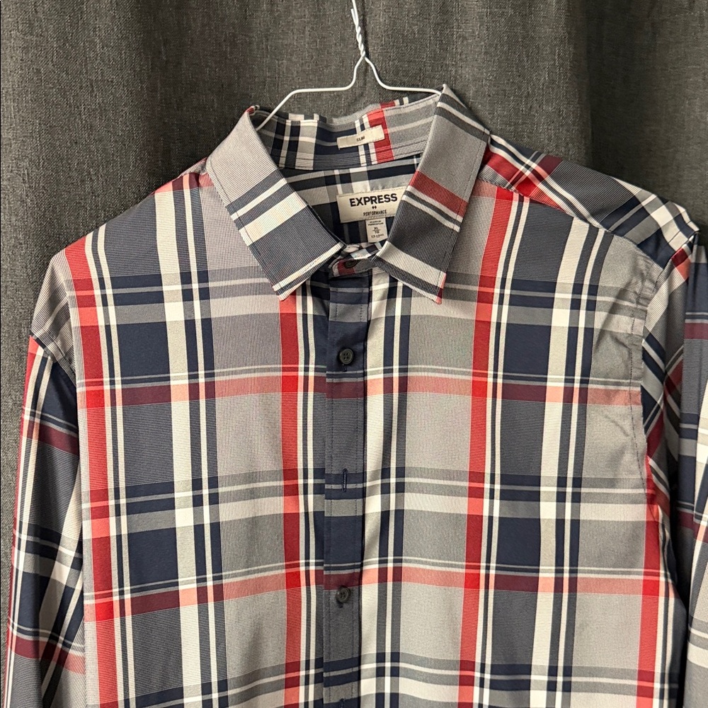 Express Men's Casual Plaid Shirt - Navy, Red, and White